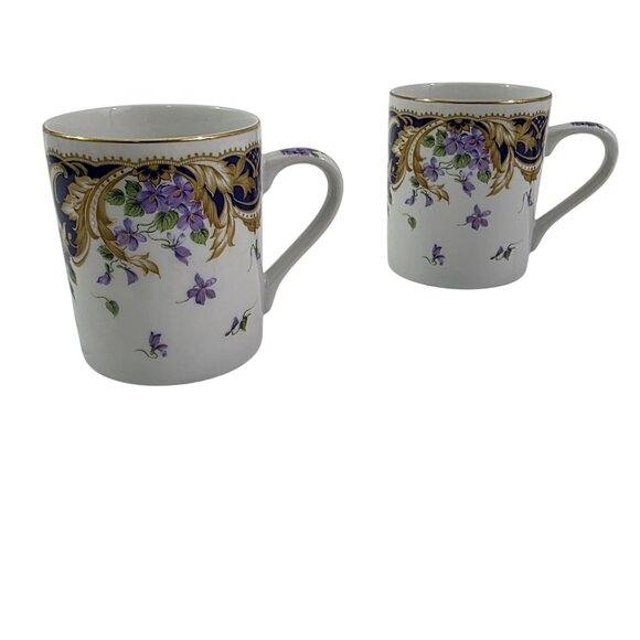 Andrea by Sadek Royal Violets Gold Rim 10 Oz Porcelain Mugs Cups – Set of 2 - Picture 8 of 16